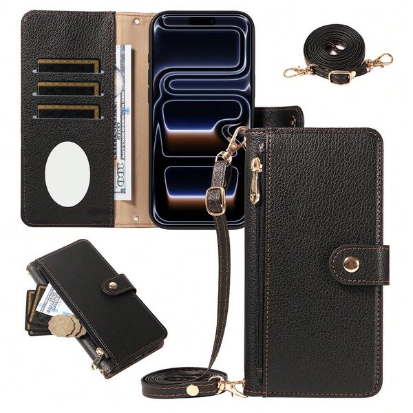 1pc Flip Cover Protective Case Compatible With Apple 17 ProMax/16/15/14/13/12/11 Pro, A56, Redmi NOTE 14 PRO 5G, With Card Slots, Zipper Pocket