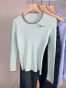 Spring/Summer New Contrast Color Round Neck Ribbed Knit Sweater Women, Long Sleeve Asymmetrical Hem Fitted Commuter Top - Baby Blue - View 2