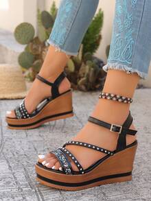 Women's Fashion Wedge Heel High Heel Platform Sandals, Casual Beach Wear - Black - View 2