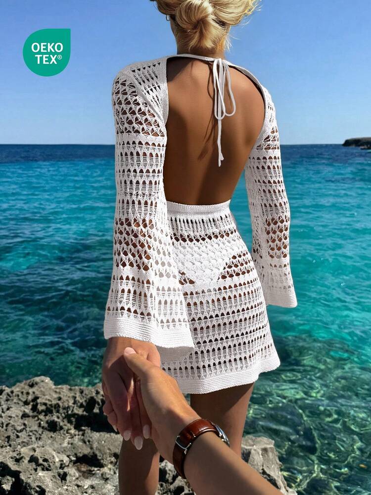 Women's Spring/Summer Beach Dress, Bohemian Sexy Hollow-Out Backless Long  Sleeve Crochet Cover-Up Dress Vacation White - Product Video
