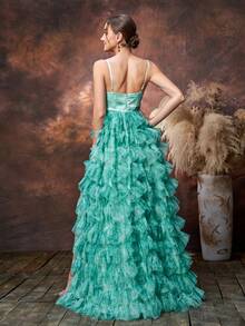 Faeriesty Elegante vestido de fiesta largo con tirantes finos para embarazadas, con detalles fruncidos en el pecho para una dimensión femenina, bajo con volantes y abertura, con múltiples capas de volantes, ideal para bodas de primavera, celebraciones del Día de la Madre y eventos de baby shower - Verde - Ver 2