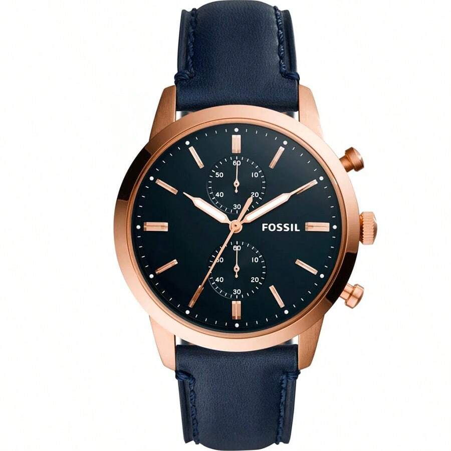 Fossil 男士石英皮革三针腕表，不锈钢表壳/防刮玻璃 FS5436 - 藍色 - 查看 1