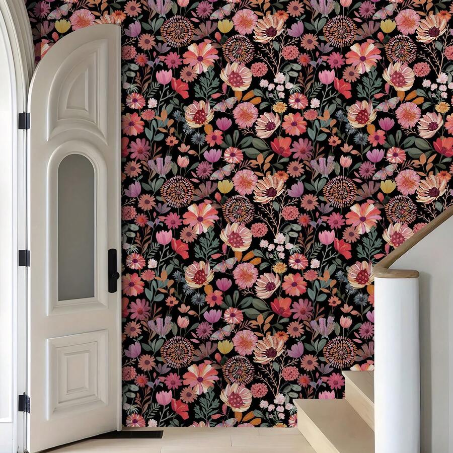 1卷波西米亚风花卉自粘壁纸 - 可撕贴可移除壁纸，彩色花卉图案，复古农舍风格，宽17.32英寸，装饰墙贴，家居装饰DIY贴纸，客厅装饰及配件，厨房壁纸，美观壁纸，租房者适用自粘壁纸，节日装饰壁纸