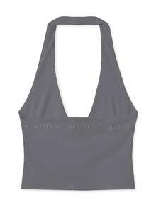 Women's Buckle Halter Top, Y2K Plunge Neck Open Back Crop Tops Front Cut Out Sleeveless Slim Tank Tops Summer Hollowed Vest Shirt For Club Party Streetwear - 深灰色 - 查看 9