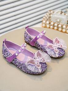 Girls' Princess Flat Shoes With Bow, Rhinestone & Pearl Decor, For School/Campus - Purple - View 3
