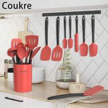 Juego utensilios cocina silicona con soporte resistentes calor grado alimenticio espátula cuchara para sartenes antiadherentes apto lavaplatos - Rojo - - Ver 4