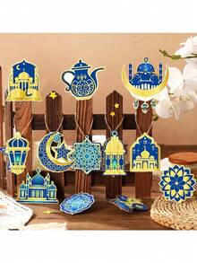 9件套蓝/黑开斋节装饰挂件，优雅的月亮、星星、城堡和灯笼图案，斋月纸质挂饰，主题派对装饰，开斋节派对用品，DIY装饰，适用于斋月、开斋节派对、开斋节晚宴装饰、DIY派对装饰 - 彩色 - 查看 3
