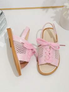 1 Pair Girls' Summer Flat Sandals, Pink Fabric Upper With Lace, Hook And Loop Strap At Heel, Round Toe, Fashion New Style Suitable For Daily Wear - Pink - View 4