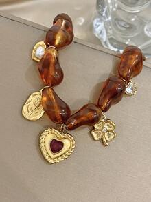 1条复古甜心琥珀心形花朵吊坠手链，18K镀金不锈钢材质，可调节，奢华优雅女士饰品，适合约会、下午茶、音乐节、生日礼物、浪漫波西米亚风配饰、情人节、派对、晚宴、日常佩戴、约会、新年、婚礼、海滩、圣诞节周年纪念日等场合。 - 彩色 - 查看 2