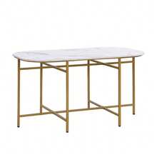 Set Of Six Tables And Chairs: (White Table With Black And Gold Iron Frame, Grey Chair Back Seat And Cushions), White, Gold. - Gold - View 4