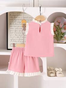 2pcs/Set Baby Girls' Sweet Cute Bow Collar Sleeveless Top + Shorts Set, Summer - Watermelon Pink - View 2