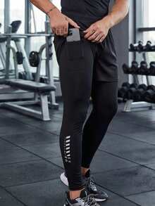 Men's Sports Pants, 4-Season Fitness 2 In 1 Pants, Anti-Exposure, Elastic Lining With Pockets, Running Print - Black - View 1