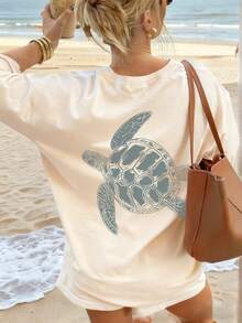 Women's Summer New Simple Cute Sea Turtle Print Casual Vacation Style Loose Fit Round Neck Apricot Short Sleeve T-Shirt, Fashionable Everyday Top, Suitable For Daily Vacation Wear, White Top - Apricot - View 6