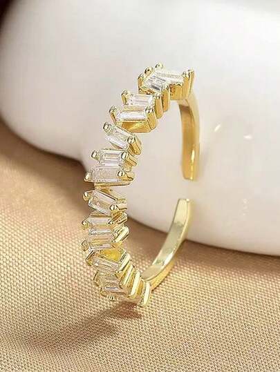 1pc Adjustable Bridal Party Ring, Gold/Silver Crossed Cubic Zirconia Double Row Rhinestone, Suitable For Wedding, Party, Casual Wear