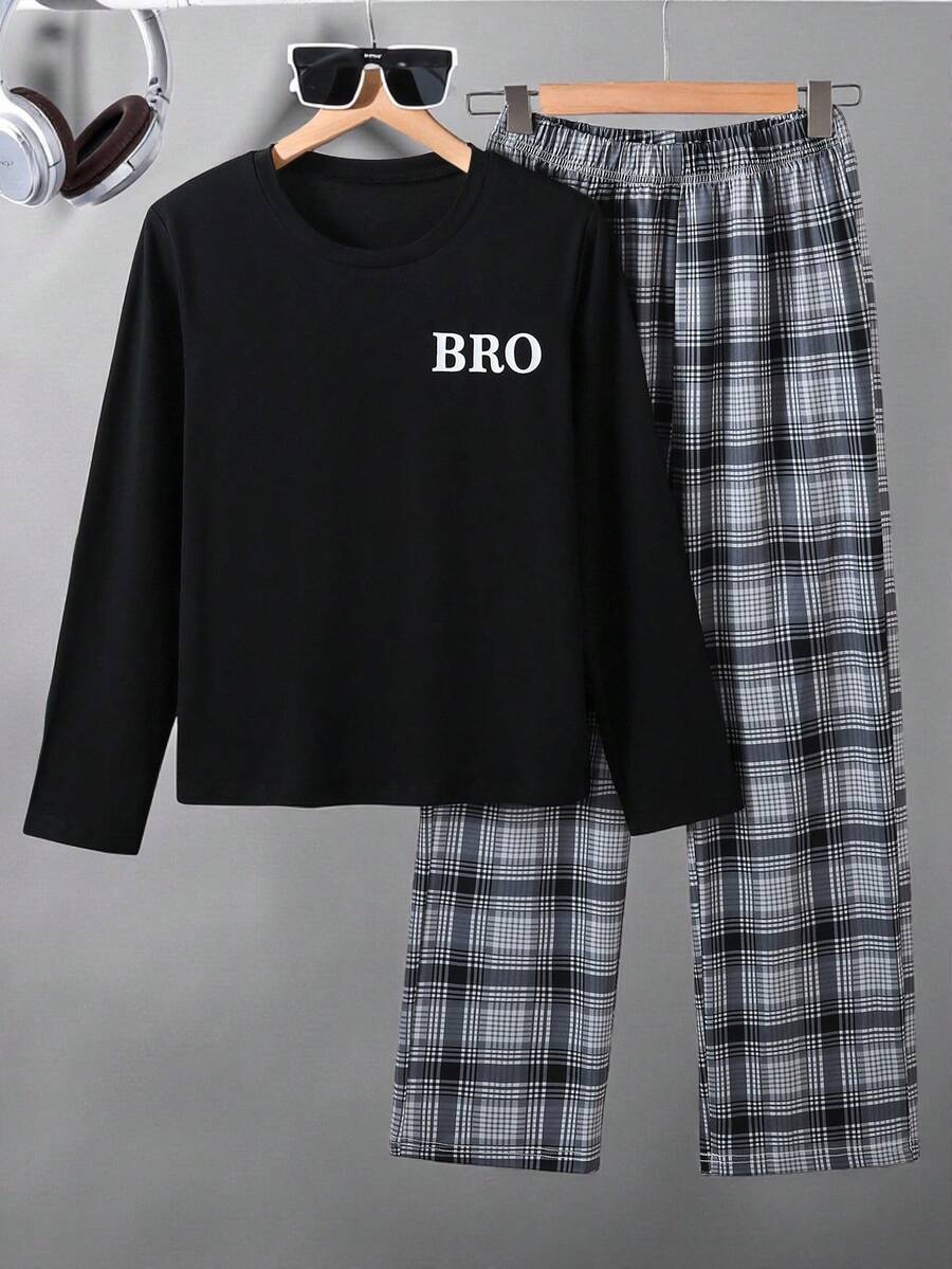 2pcs Boys Plaid Pajama Set, Round Neck Long Sleeve "BRO" Letter Print Top Paired With Plaid Print Casual Pants, Sleepwear Set, Suitable For Spring, Autumn, Winter Home Wear, Also Can Be Children's Gift - Black - View 1
