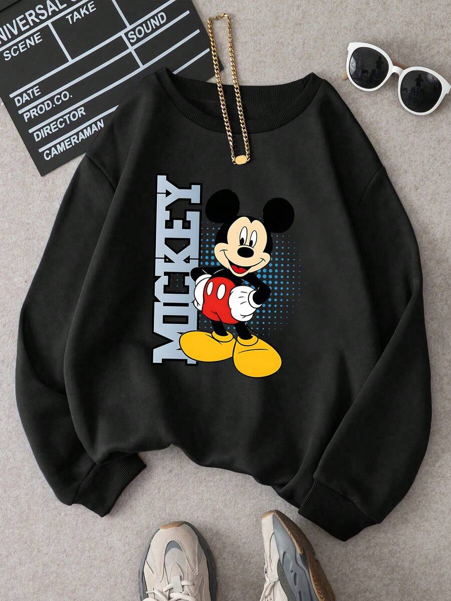 Disney Official Licensed Mickey Mouse Whimsical Print Unisex Kids Fashionable Style Lightweight Sweatshirt Comfortable & Easy To Clean Suitable For Daily Street Style Casual Outings Relaxed Daily Life - màu đen - Xem 1