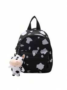 1pc Mini Kawaii Cute Cow Spotted Backpack, Soft Moe Adorable Girly Harajuku Style Canvas Student Schoolbag (Including Pendant) - Black - View 5