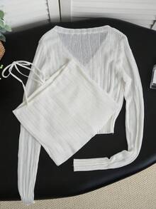 New Textured V-Neck Cropped Cardigan, Sleeveless Camisole Top, Lightweight Sun Protection Set For Spring/Summer - Milky White - View 10