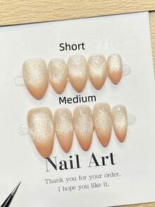 Conjunto de 10 adesivos de unhas acrílicas artesanais em formato de amêndoa, comprimento curto/médio, degradê simples em dourado/laranja, nail art olho de gato dourado brilhante, adesivos de unhas minimalistas e elegantes para o outono, ideais para festas, uso diário, encontros, praia, férias tropicais, unhas DIY, ótimo presente para mulheres e meninas, suprimentos para nail art. - Laranja - Ver 1