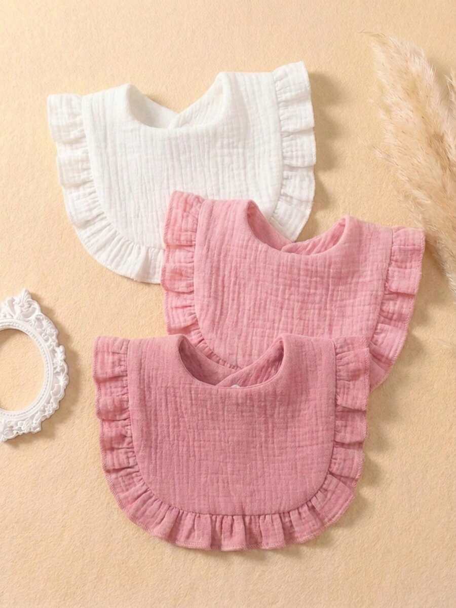 3件装新生儿纯棉纱布糖果色可爱围兜,适合日常使用,荷叶边设计 - 彩色 - View 1