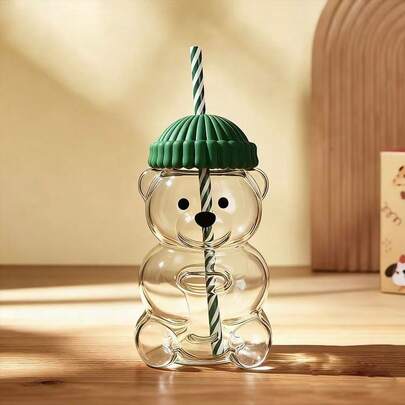 500ml Glass Water Cup With Creative Cartoon Straw, Cold Drink Cup, Coffee Cup, Juice Cup