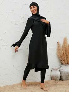 VFJ Dignified Women's Black Round Neck Full Coverage Burkini Swimwear, Long Sleeves, High Waist Leggings, Arabic Swimwear - Black - View 5