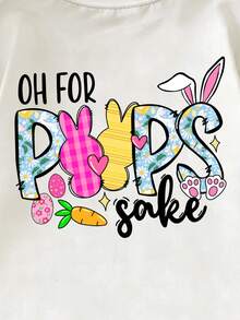 Young Girl Easter Bunny Print Short Sleeve T-Shirt, Casual Round Neck Children Clothing - White - View 3