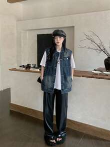 Vintage Minimalist Distressed Layered Loose Casual Sleeveless Denim Vest Jacket Summer - Blue - View 3