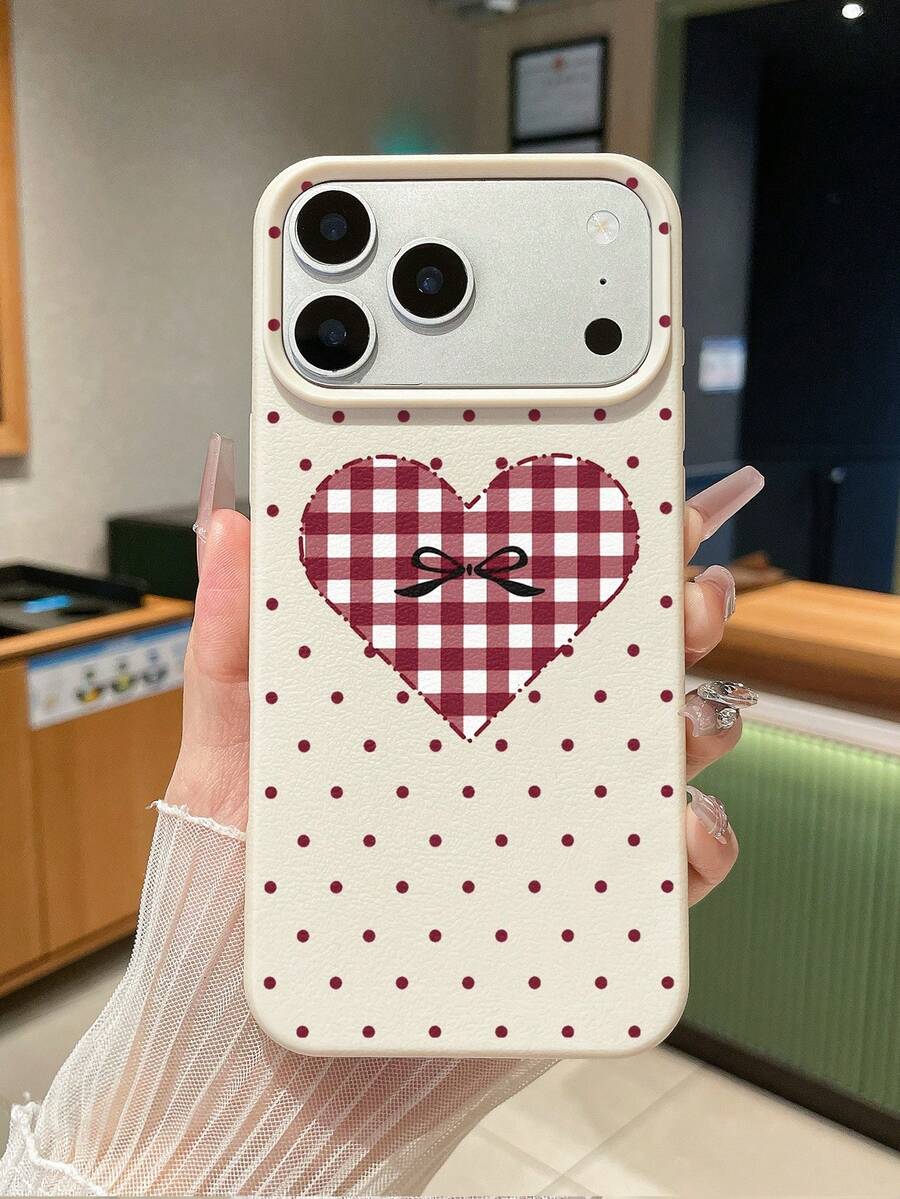1pc Polka Dot Plaid Heart Bow Design Beige TPU Leather Texture Soft Phone Case Compatible With Apple 17, Air, 17Pro, 17ProMax, 16ProMax, 16E, 14/13, 12, 11 Pro Max, XS Max, X, XR, 8, 7, Plus, And Galaxy A06, A16, A55, A56, A17, S24FE, S25U, Suitable As Birthday Gift, For Girlfriend, Boyfriend Or Personal Use, Anti-Drop - Multicolor - View 1