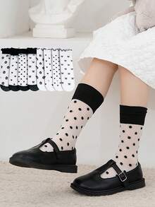 4 Pairs Girls' Mid-Calf Socks With Heart, Bow, Polka Dot, Flower Patterns, Straight Tube Design With Black & White Ruffle Trim, Spring/Summer - Multicolor - View 1