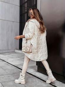 女士冬季外套，棉质连帽羽绒服，中长款，带口袋和不对称下摆 - 白色 - 查看 3