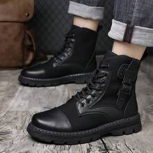 Mens Casual Combat Ankle Boots Lace Up Round Toe Fabric Panels Leather Look Trim Side Buckle Detail Chunky Lug Sole For Outdoor Walking And Streetwear - Black - View 10