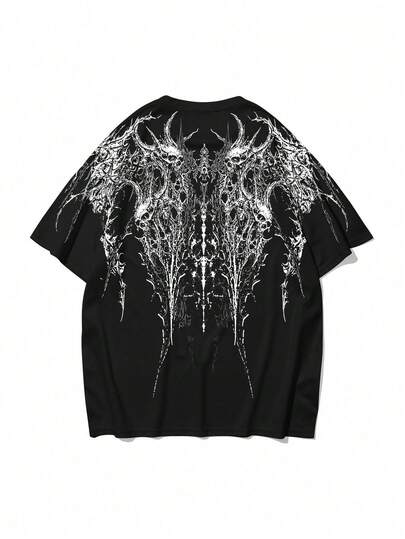 男士夏季运动深色印花圆领短袖T恤，休闲短袖