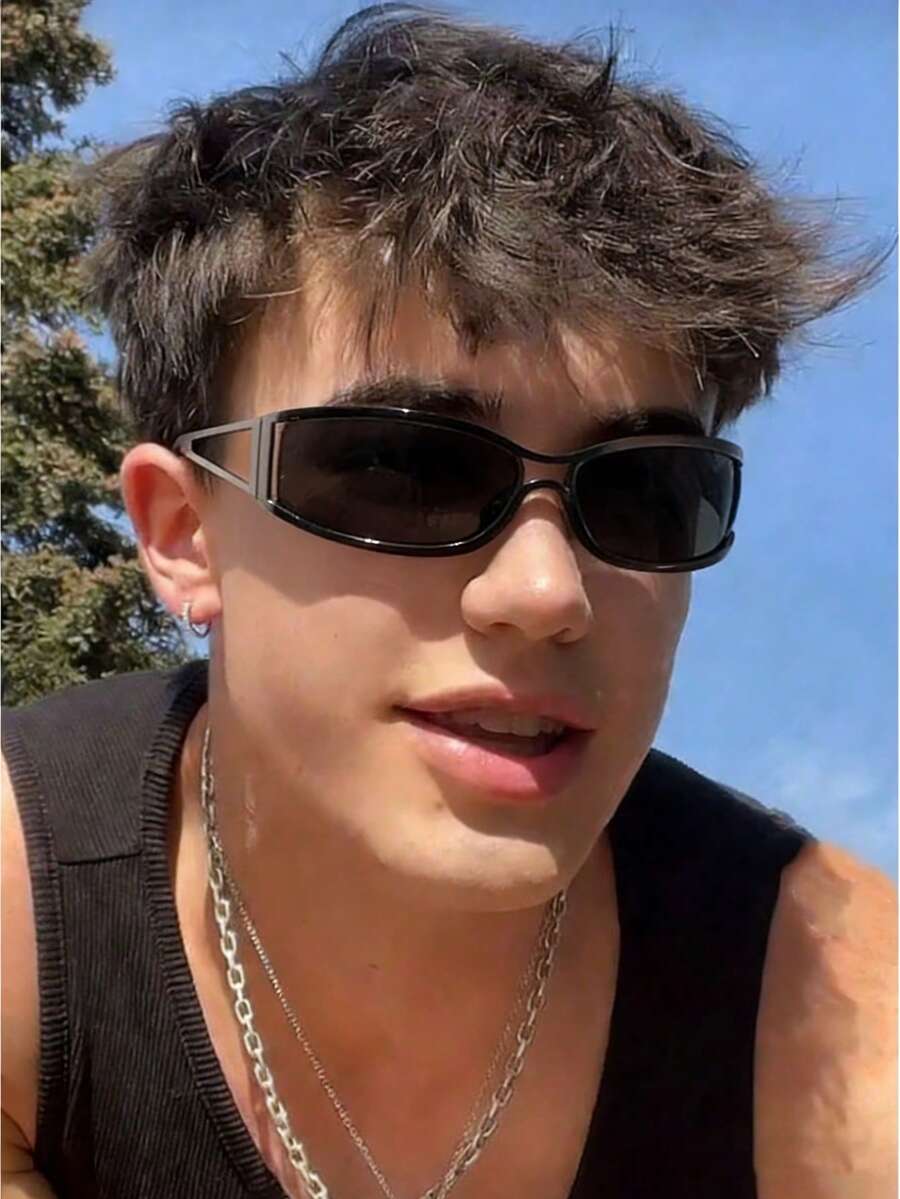 1 Pair Unisex Silver Frame Black Lens Narrow Rectangle Metal Alloy Y2K Chic Fashion Glasses, Suitable For Street Style, Music Festivals, Valentine's Day Gift, Men & Women - Multicolor - View 1