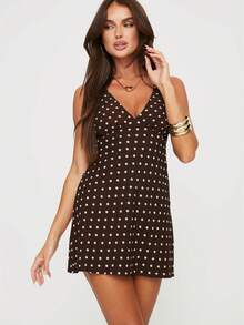 Women Boho Summer Polka Dots Tank Dress Sleeveless Deep V-Neck Bodycon Tie Back Casual Short Mini Dress Holiday Beachwear Sundress Party Clubwear - Cà phê nâu - Xem 3