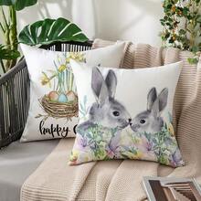 2pcs Easter Style Pillow Covers, Easter Eggs & Bunny Print Pattern, Super Soft Material Cushion Cases With Invisible Zipper Closure, Machine Washable, Home Decorative Throw Pillow Covers For Sofa, Living Room, Bedroom, No Pillow Insert - Multicolor - View 1