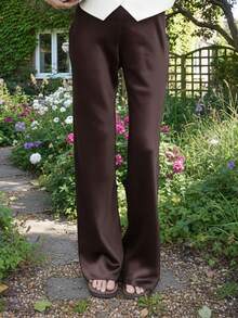 Pantalones para Mujer Marrón Sólidos, Cintura Elástica y Pierna Ancha Larga, Elegantes para Uso Casual y Fin de Semana en Verano - Marrón oscuro - Ver 5