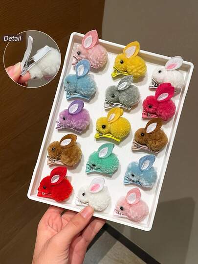 10/15个迷你毛绒兔子鸭嘴发夹，适合各种发质 - 不伤发，佩戴舒适，适合派对、日常、新年等场合，可爱兔子发夹，女士适用