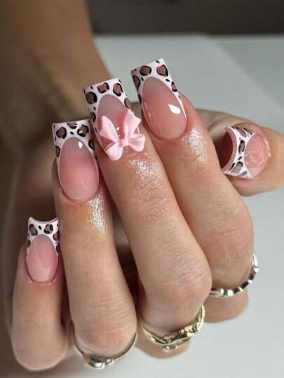 24pcs French Leopard Bow Acrylic Press-On Nails, Square Shaped, Includes 1pc Jelly Gel And 1pc Nail File, Suitable For Women & Girls For Daily, Holiday And Party Use