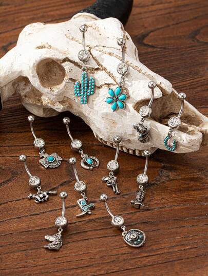 1 pieza Estilo vaquero occidental Piercing de ombligo, Sombrero vaquero Botas vaqueras Caballo occidental Piercing de ombligo, Decoración de turquesa azul Piercing de ombligo de acero inoxidable Joyería corporal