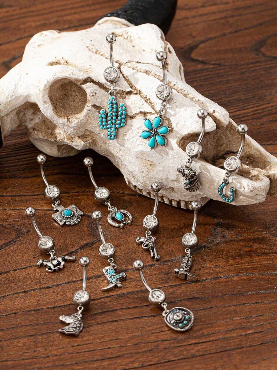 1件西部牛仔风格肚脐环，牛仔帽、牛仔靴、西部马肚脐钉，蓝色绿松石装饰西部肚脐不锈钢人体穿刺饰品 - 彩色 - 查看 1