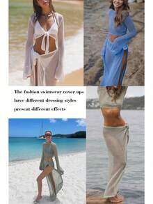 Women's Swimsuits Cover Ups Set For Crochet Bathing Suit Hollow Out 2 Piece Bikini Coverup Beach Swimwear - Màu xanh lam - Xem 3