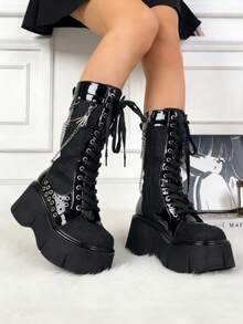 Women's Y2K Goth Cosplay Combat Boots Fashion Stylish Punk Rivet Buckle Platform Wedges High Heels Lace-Up Zip Mid Calf Boots - Đen A - Xem 1
