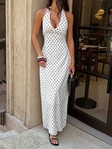 Unadoll Women's Summer Low Cut, Long Tie Neck, Backless, Zipper, Polka Dot Fabric Sexy And Elegant Dress, Suitable For Dates, Vacations, Parties, Dinners, Valentine's Day, Birthdays And Other Occasions - White - View 3