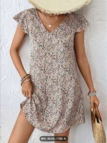 女士波西米亚碎花V领短袖宽松直筒连衣裙，度假优雅夏季款 - 彩色 - 查看 3