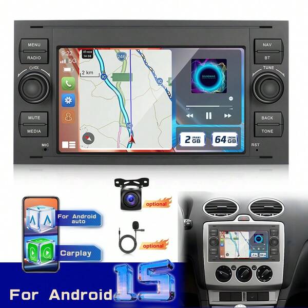 [2 + 64G] Radio para coche Android 15 para Focus / C-max / S-max / Galaxy / Fusion / Fiesta / Mondeo / Kuga / Transit Connect con CarPlay inalámbrico y Android Auto - Radio para coche de 7 pulgadas con BT GPS WiFi + Cámara de visión trasera en blanco y negro