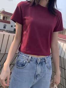 Áo thun ngắn tay, màu trơn, kiểu dáng mùa hè mới, dáng ôm, đa năng, cổ tròn, kiểu áo thường ngày. - Màu Đỏ Sâu - Xem 4
