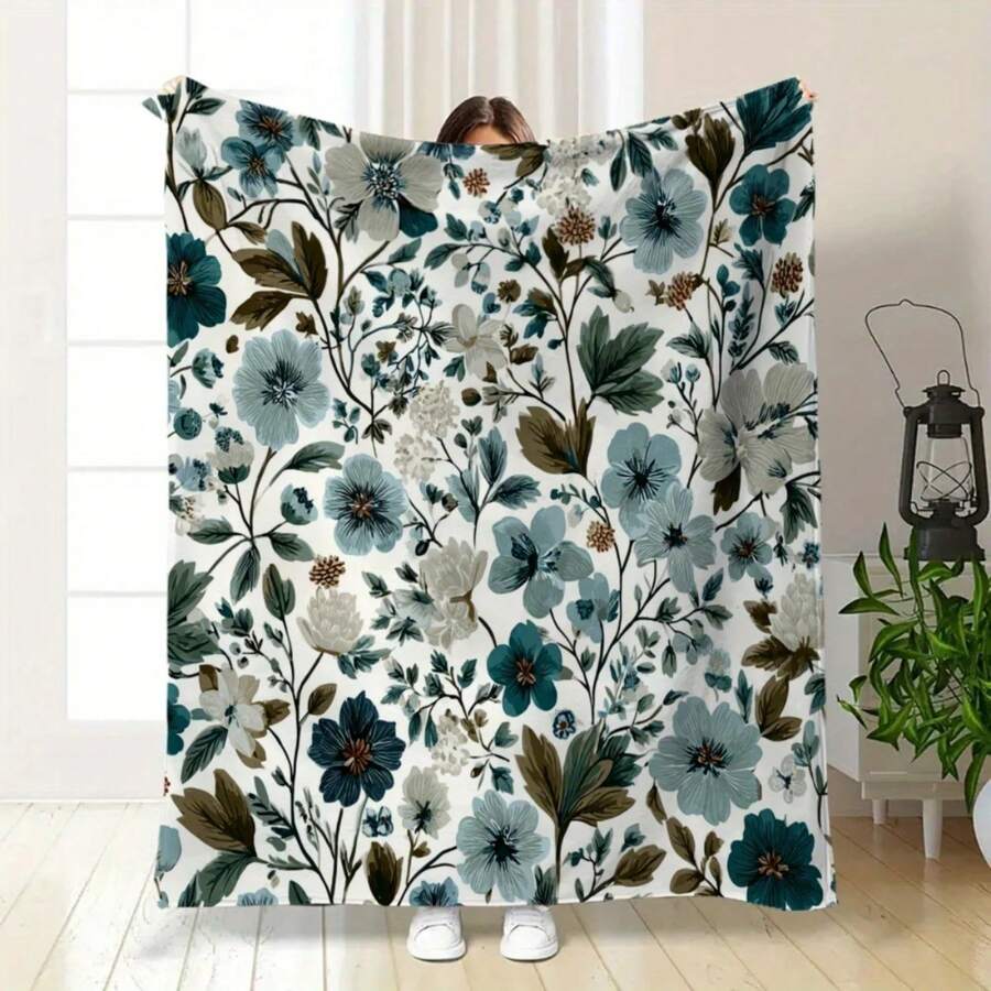 1pc Vintage Teal Floral Print Blanket, Polyester Fabric, Machine Washable, Suitable For Bedroom And Living Room Decoration - Black - View 1