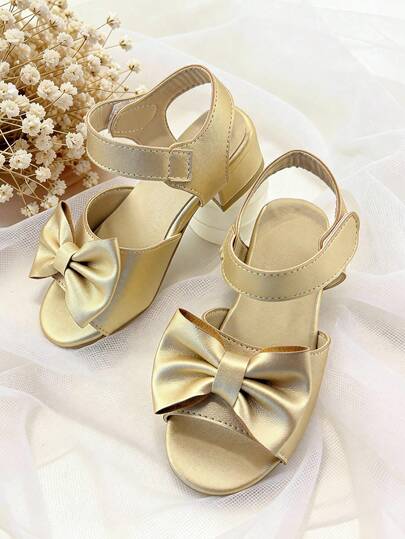1 Pair Fashion Children's High Heel Sandals, Girls' Gold High Heels, Suitable For Wedding Dresses, Decorated With Bow Tie, Suitable For Summer Dresses, School, Party, Travel & Casual Occasions