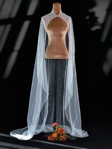 白色珍珠女士长款披肩斗篷，复古优雅，适合出席晚宴、舞会、正式活动、日常聚会等场合。 - 乳白色 - 查看 8